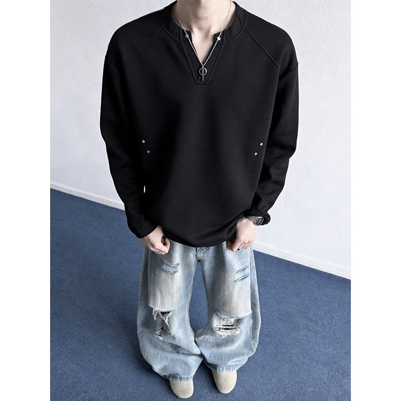 Herren Oversize-Sweatshirt mit V‑Schlitz, Raglanärmeln und Nieten-Details Drune