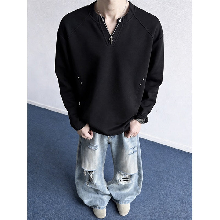 Herren Oversize-Sweatshirt mit V‑Schlitz, Raglanärmeln und Nieten-Details Drune