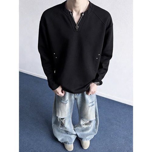 Herren Oversize-Sweatshirt mit V‑Schlitz, Raglanärmeln und Nieten-Details Drune
