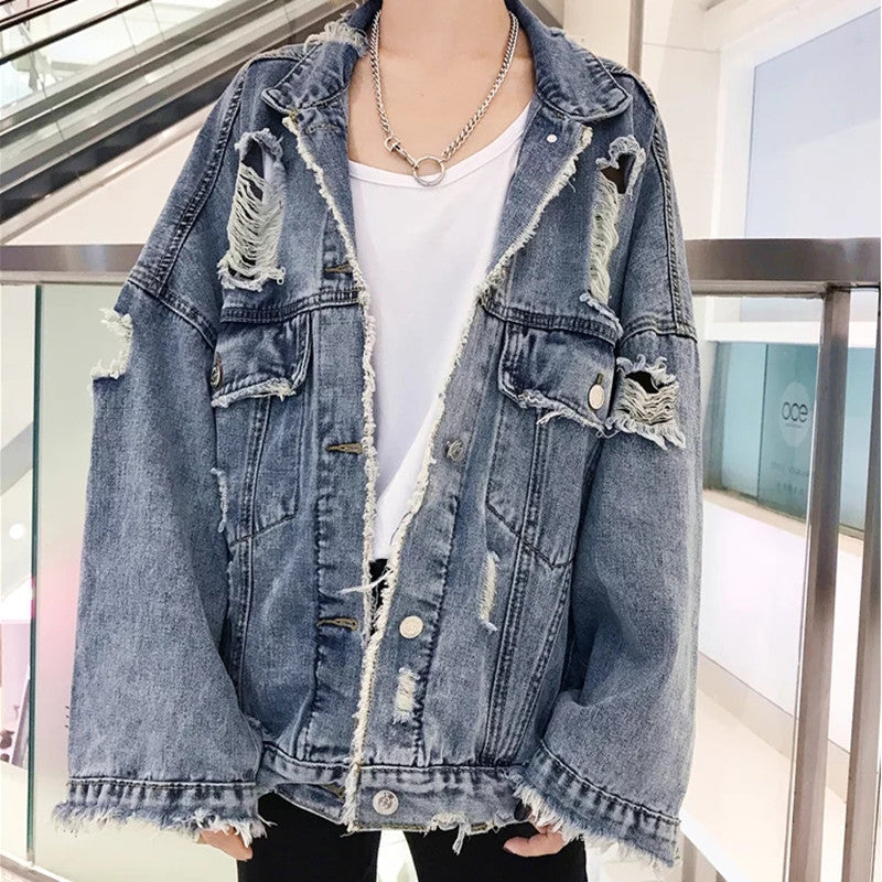 Damen Lässige Oversize Jeansjacke mit Destroyed-Details Drune