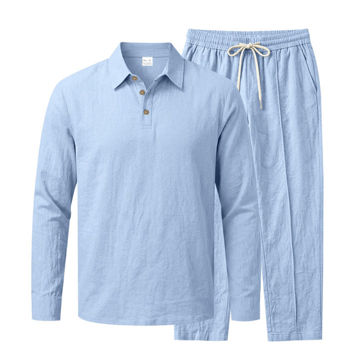 Herren Lässiges Leinenoptik-Loungewear-Set mit Henley-Kragen und Kordelbzw. Bund Drune