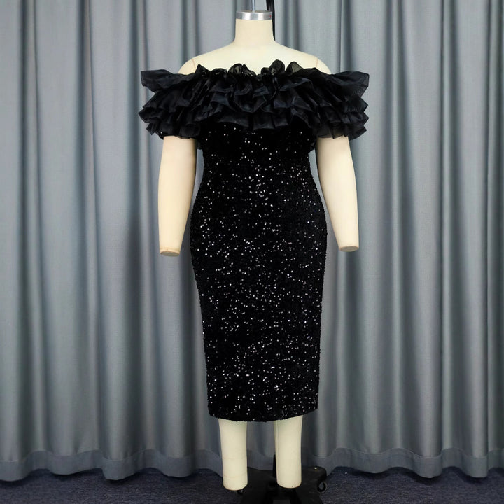 Damen glamouröses Abendkleid mit voluminösen Rüschen und Pailletten Drune