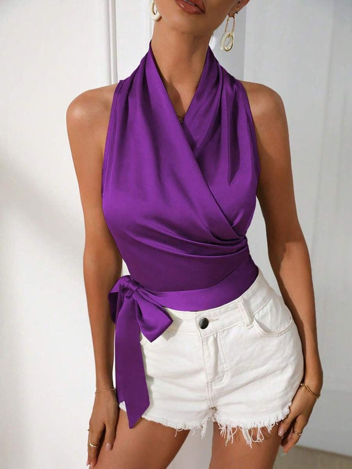 Damen Wickel-Top mit tailliertem Satinband Drune