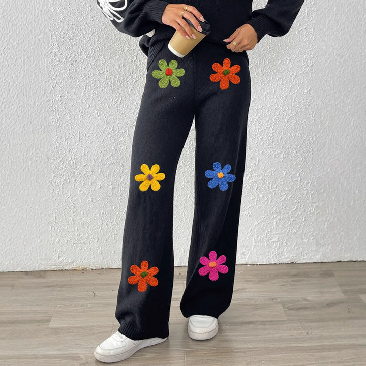 Damen lässige Strickhose mit bunten Blumenapplikationen Drune