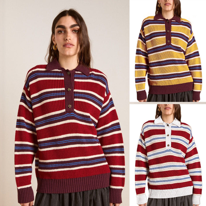 Damen Oversize Strickpullover mit Polokragen & mehrlagigem Streifenrelief Drune