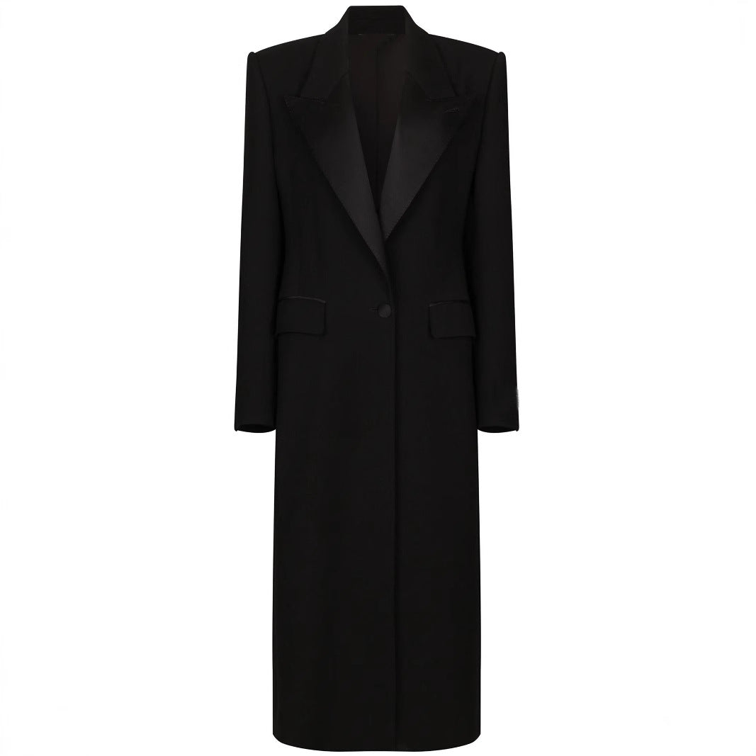 Damen Eleganter Smoking-Hosenanzug mit langem Mantel und weiten Bundfaltenhosen Drune