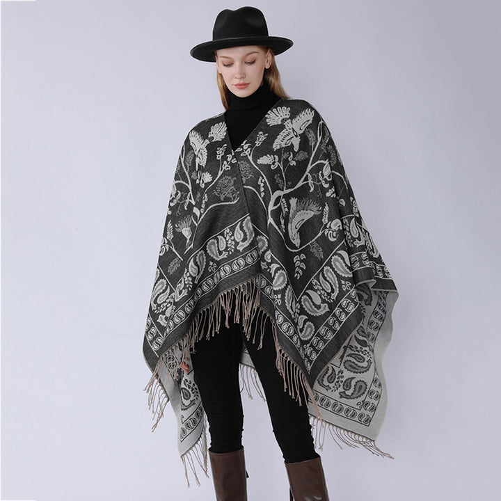 Damen Jacquard-Poncho im Oversize-Kaftan mit floraler und Vogelornamentik Drune