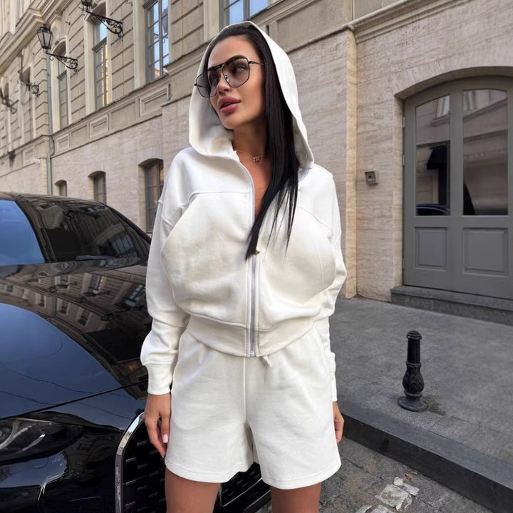 Damen Freizeit-Jogginganzug mit Zip-Hoodie und lockeren Shorts Drune