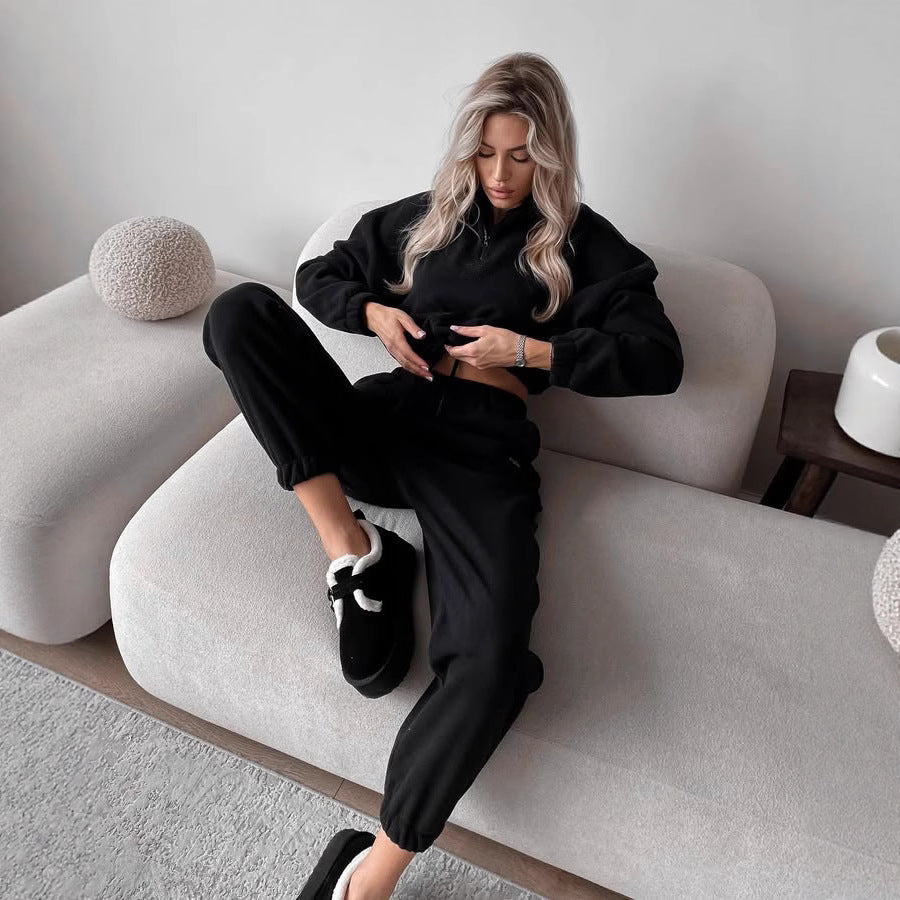Damen Ultraweiches Fleece-Relaxset mit Stehkragen, halbem Reißverschluss und elastischer Schlupfhose Drune