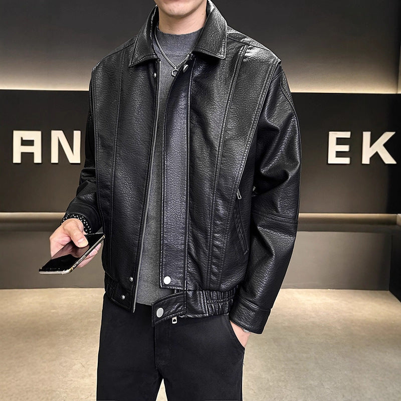 Herren Modische Kunstlederjacke mit hohem Kragen Drune