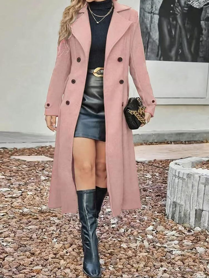 Damen Langer Doppelreihiger Wollmix-Mantel mit tailliertem Schnitt Drune