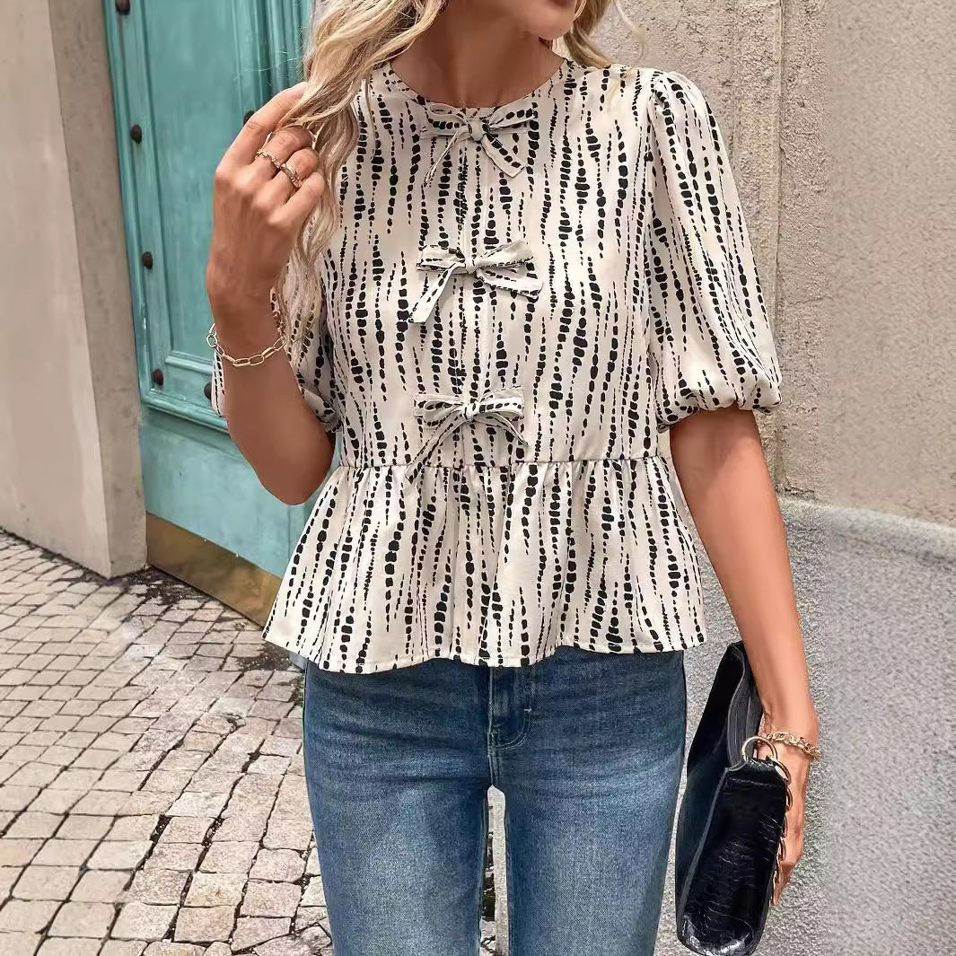 Damen Peplum-Bluse mit dekorativen Schleifen Drune