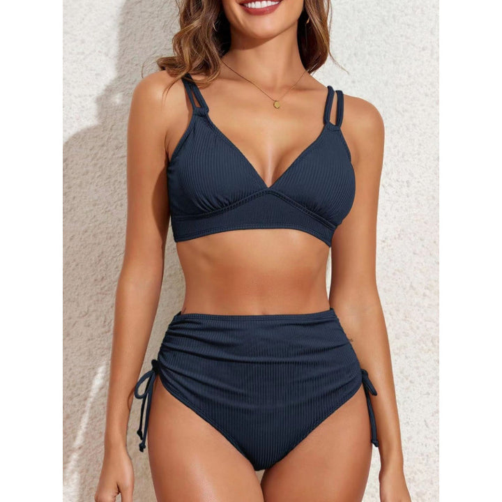 Damen schickes High-Waist-Bikini-Set mit verstellbaren Trägern und Raffung Drune