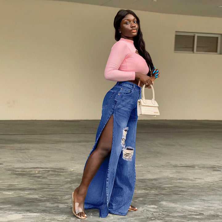 Damen geweitete Denim-Jeans mit hohen Seitenschlitzen und Destroyed-Kniepartie Drune