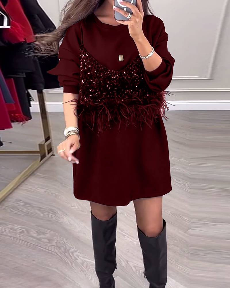 Damen nan Sweatshirt-Minikleid mit Pailletten-Front und Federbesatz Drune