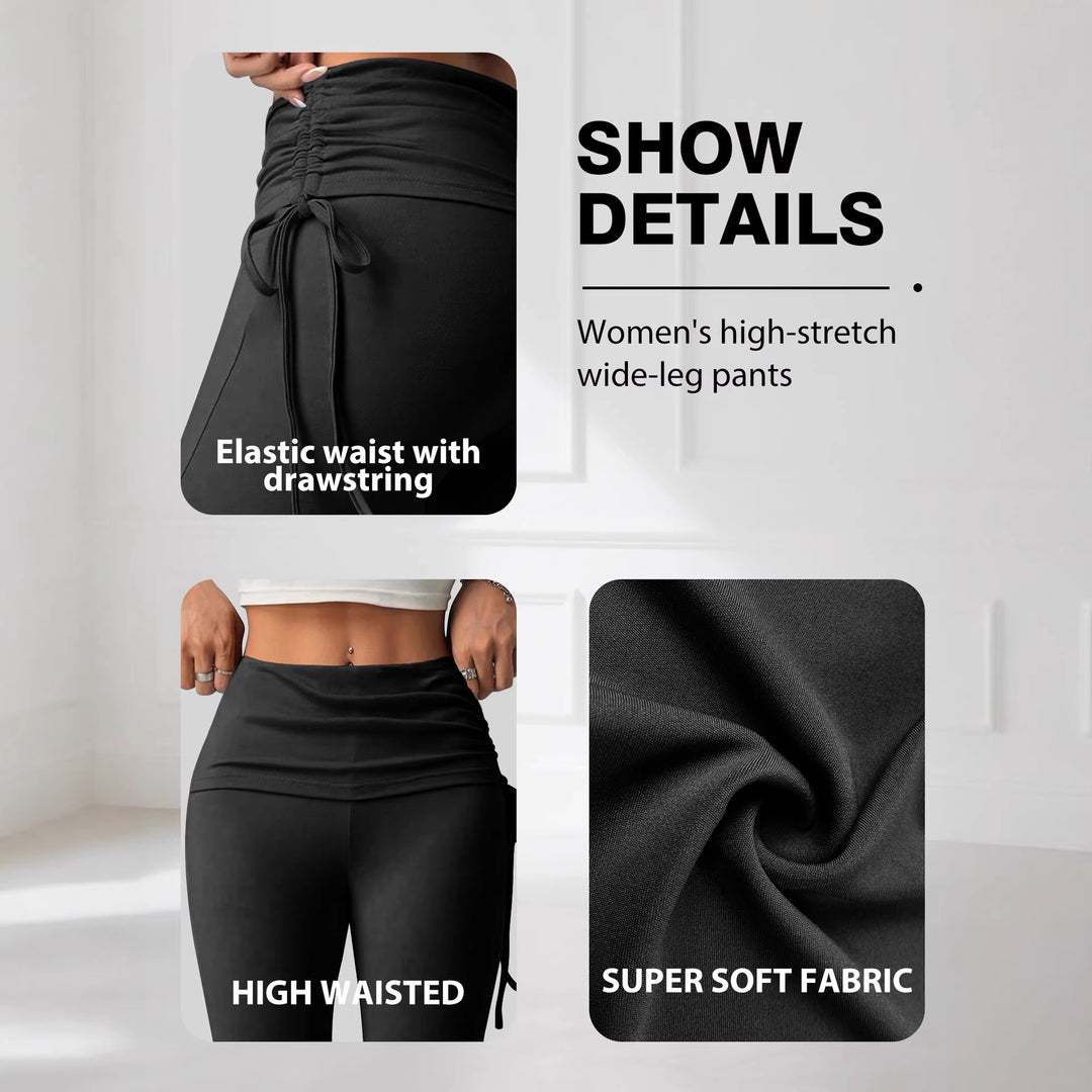 Damen High-Waist Flared-Yogahose mit seitlicher Raffnaht und Kordelzug Drune