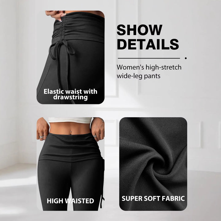 Damen High-Waist Flared-Yogahose mit seitlicher Raffnaht und Kordelzug Drune