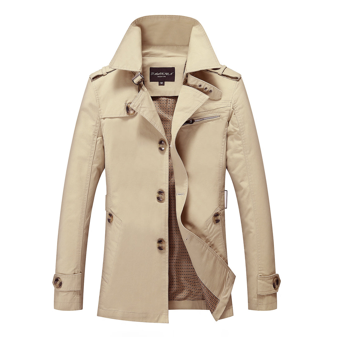 Herren Moderner Field-Trenchcoat mit Stehkragen, Schulterepauletten und kariertem Innenfutter Drune