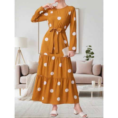 Damen Maxikleid mit buntem Polka-Dot-Muster und Taillengürtel Drune