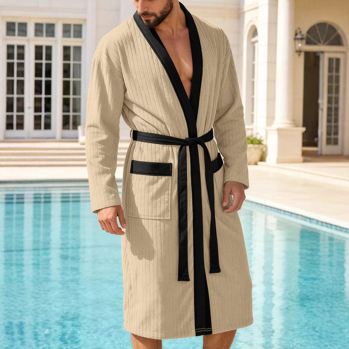 Herren nan wadenlanger Rippen-Bademantel im Kimono-Stil mit Schalkragen und Kontrastpaspel Drune