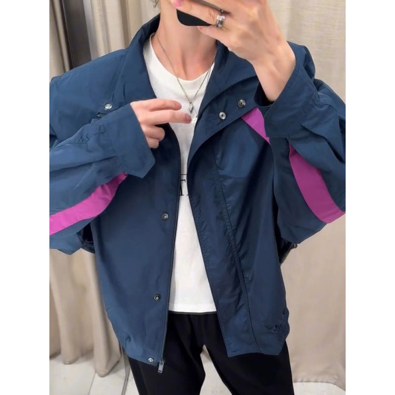 Damen Leichte Oversize Windjacke mit hohem Stehkragen und Kontraststreifen Drune