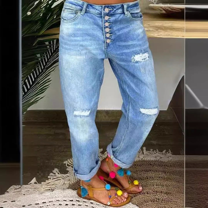 Damen Boyfriend Jeans mit Knopfleiste und distressed Effekten Drune