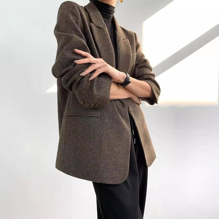 Damen Klassischer Woll-Tweed-Blazer mit schmalem Revers, Teilgefüttert und Ein-Knopf Drune