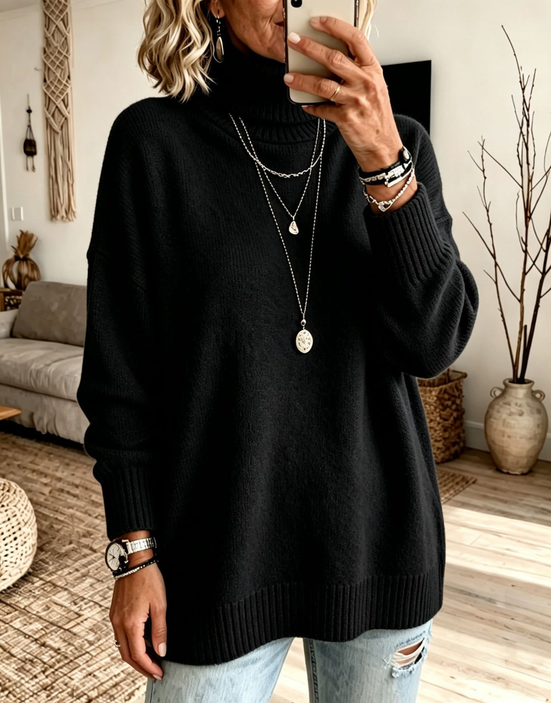 Damen Oversize Rollkragenpullover aus Feinstrick mit gerippten Bündchen und überschnittener Schulter Drune