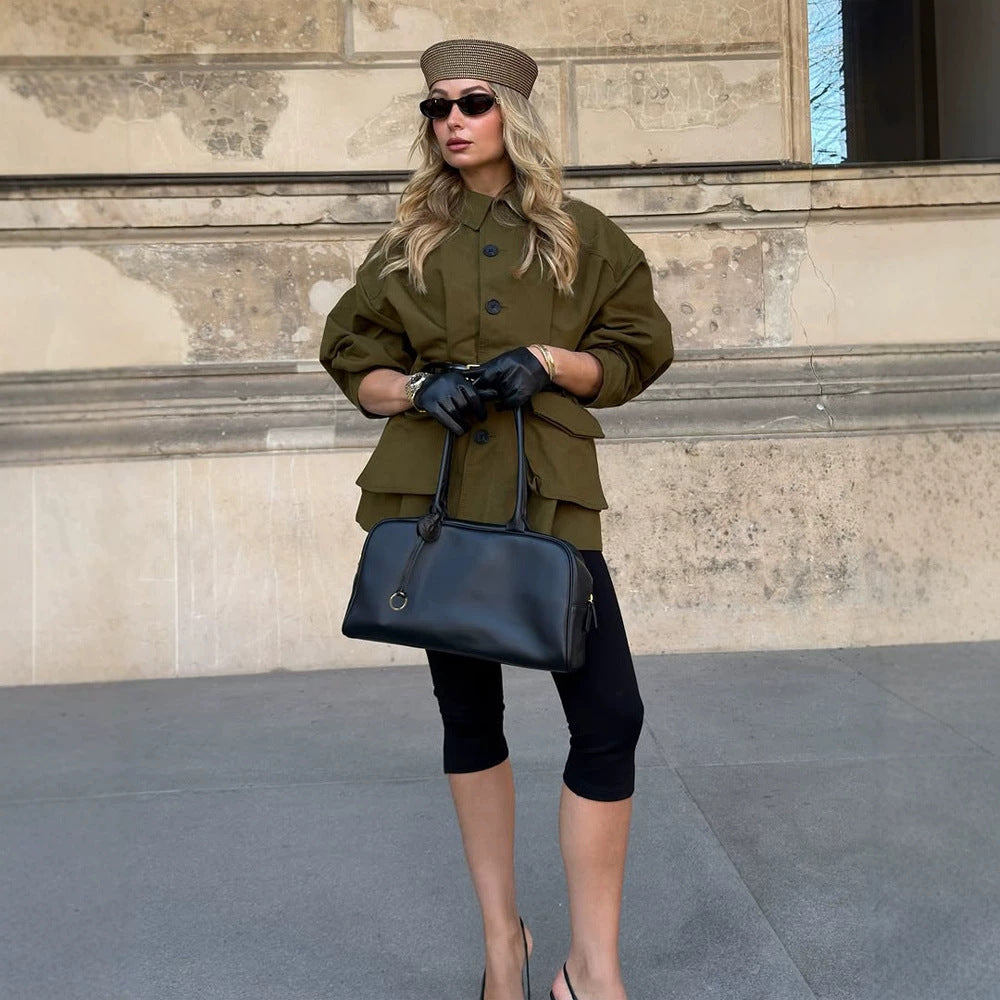 Damen Kurzjacke im Utility‑Stil mit Ballonärmeln & aufgesetzten Klappentaschen Drune