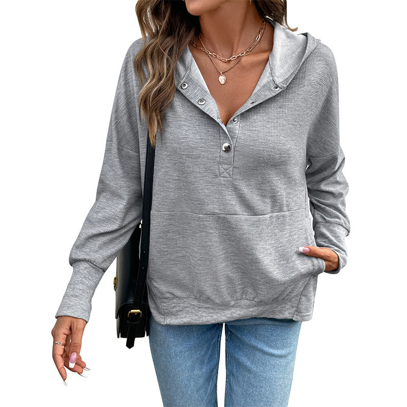 Damen lässiger Waffel-Kapuzenpullover mit Henley-Knopfleiste und Kängurutasche Drune