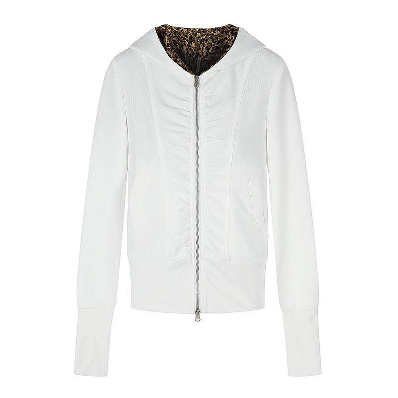 Damen Kapuzen‑Sweatjacke mit durchgehendem Reißverschluss, Raffungen vorn und Leo‑Kapuzefutter Drune