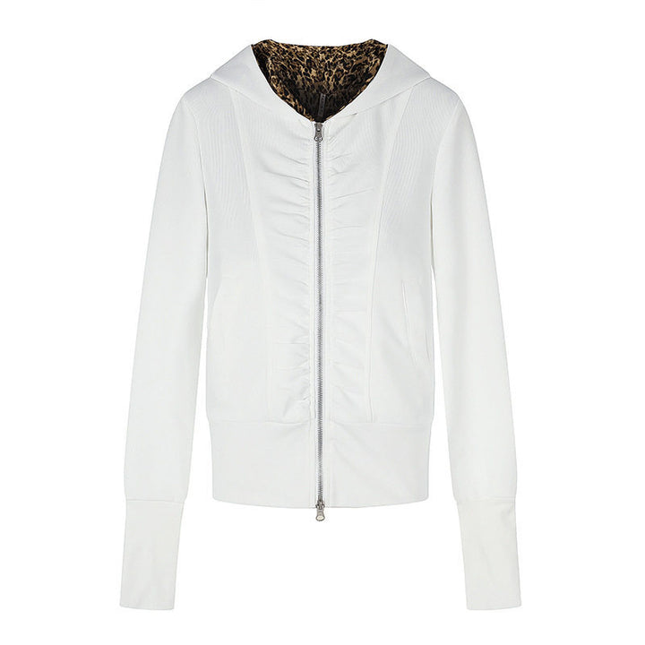 Damen Kapuzen‑Sweatjacke mit durchgehendem Reißverschluss, Raffungen vorn und Leo‑Kapuzefutter Drune
