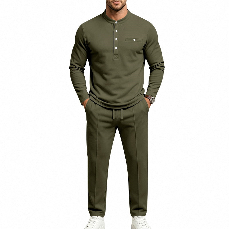 Herren Zweiteiliges Freizeitset mit Henley-Langarmshirt, Stehkragen und Komfort-Jogginghose Drune
