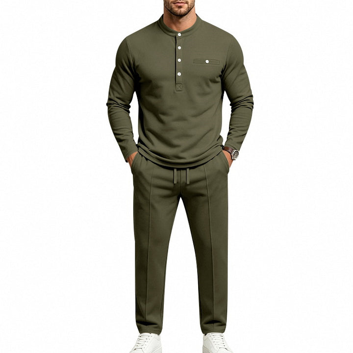 Herren Zweiteiliges Freizeitset mit Henley-Langarmshirt, Stehkragen und Komfort-Jogginghose Drune