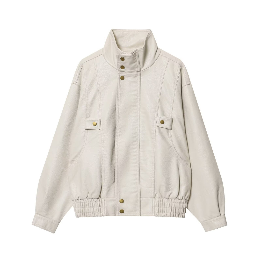 Damen lässige Kunstlederjacke mit hohem Kragen und Weitenregulierung Drune