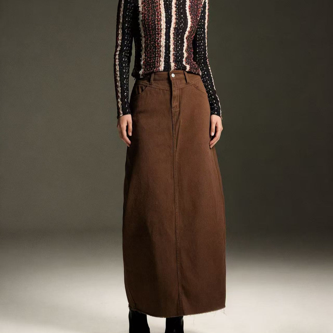 Damen nan langer High-Waist Denim-Maxirock mit gerader Silhouette und rohem Saum Drune