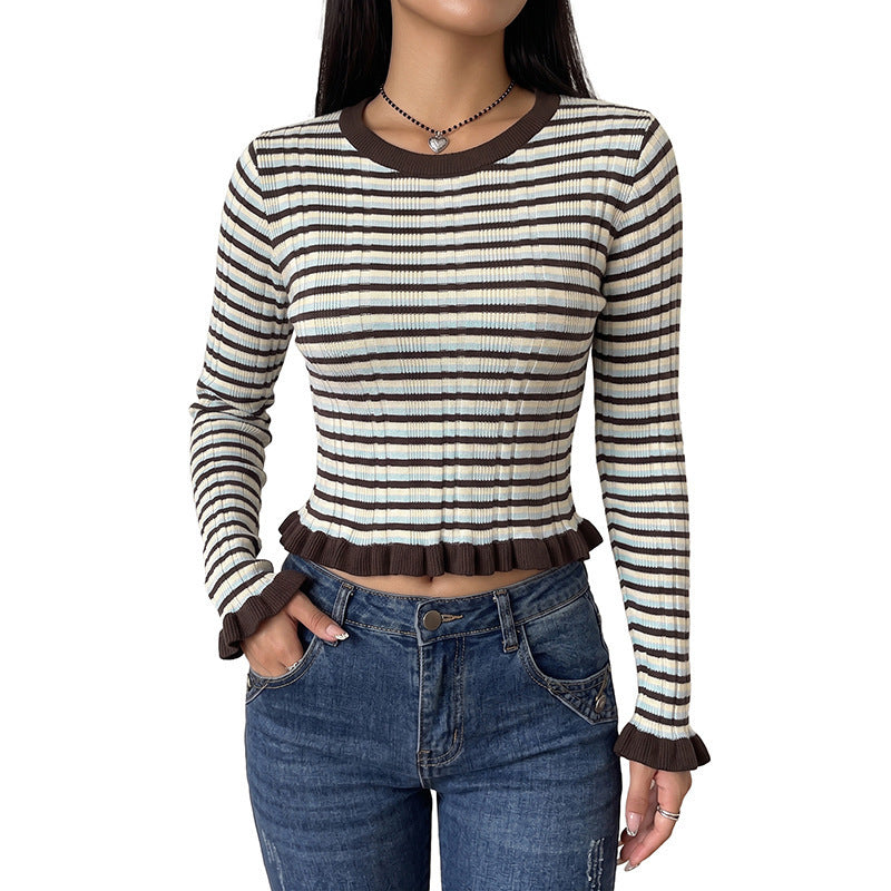 Damen Elegantes gestreiftes Crop-Top mit Rüschendetails Drune
