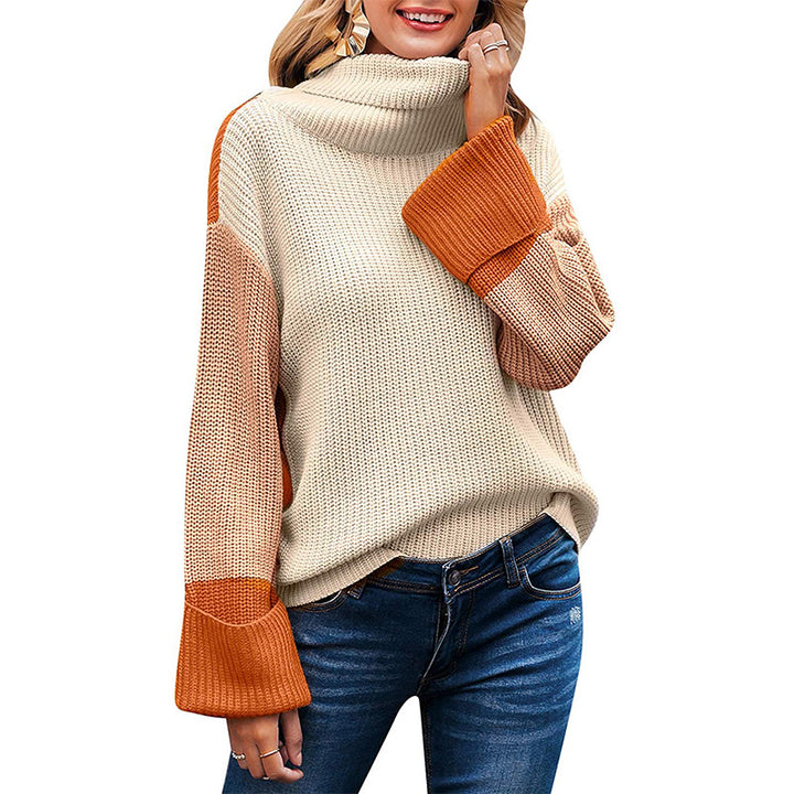 Damen nan lockerer Rollkragenpullover mit Colourblock-Ärmeln und weitem Trompetenärmel Drune