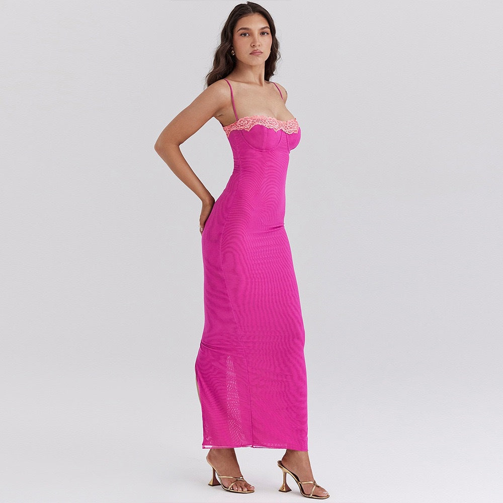 Damen Elegantes Maxikleid mit Spitzenbesatz und figurformender Silhouette Drune
