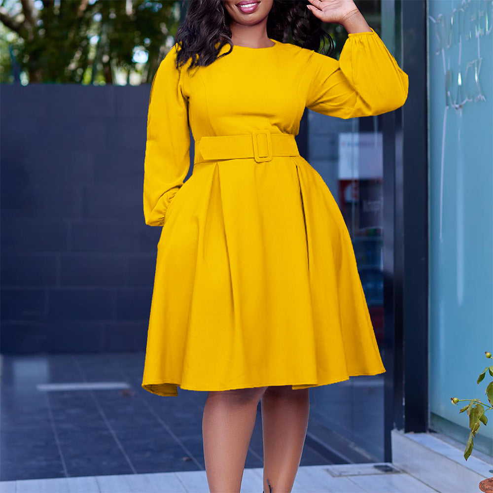Damen Midi-Kleid mit ausgestellten Ärmeln und abnehmbarem Taillengürtel Drune