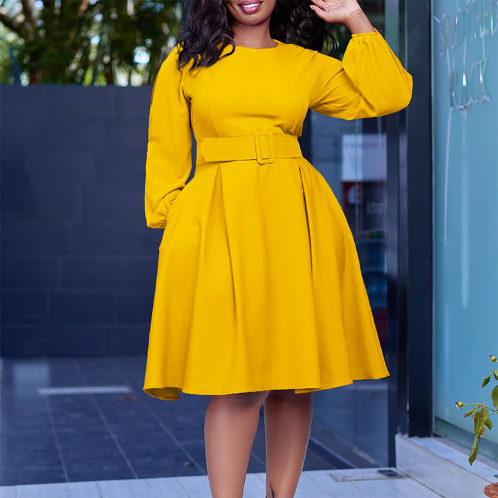 Damen Midi-Kleid mit ausgestellten Ärmeln und abnehmbarem Taillengürtel Drune