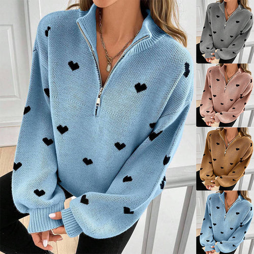 Damen Oversize Strickpullover mit Half-Zip und Herzmotiv Drune