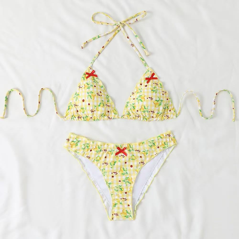 Damen Bikini-Set mit verspieltem Zitronenmuster und Rüschendetails Drune
