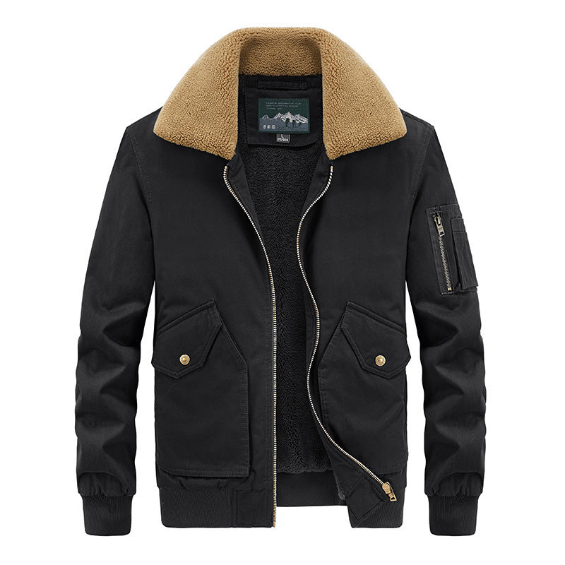 Herren Aviator-Bomberjacke aus Canvas mit Sherpa-Kragen, Teddyfutter und Multifunktionstaschen Drune