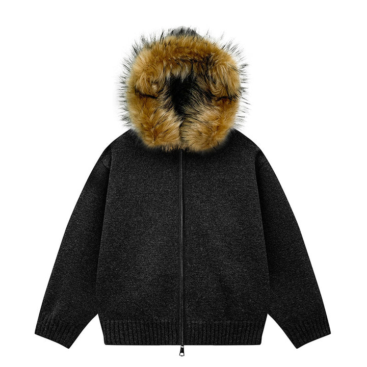 Damen Strick-Bomberjacke mit Kapuze und abnehmbarem Kunstfellbesatz Drune