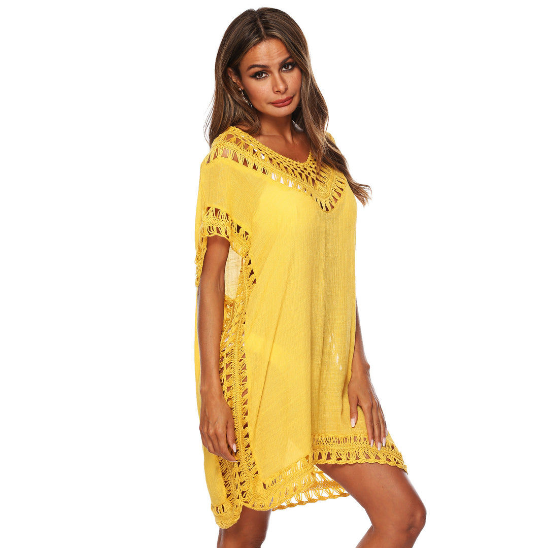 Damen Häkel-Strandüberwurf mit elegantem V-Ausschnitt und fransigen Details Drune