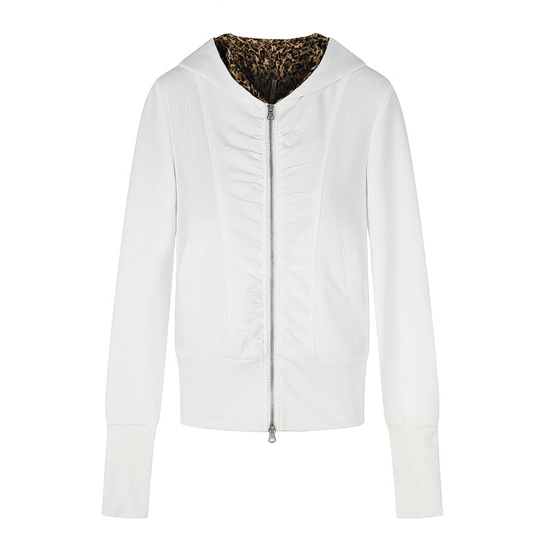 Damen Kapuzen‑Sweatjacke mit durchgehendem Reißverschluss, Raffungen vorn und Leo‑Kapuzefutter Drune