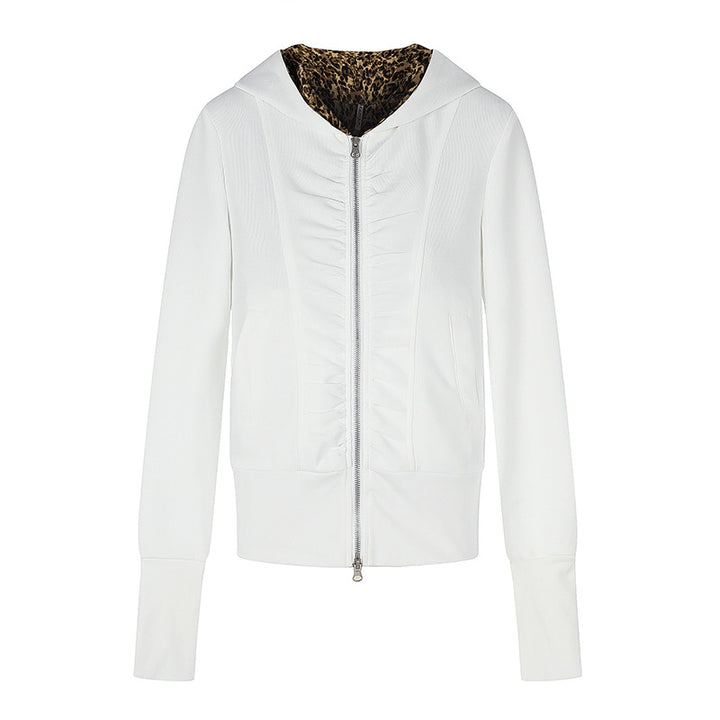 Damen Kapuzen‑Sweatjacke mit durchgehendem Reißverschluss, Raffungen vorn und Leo‑Kapuzefutter Drune