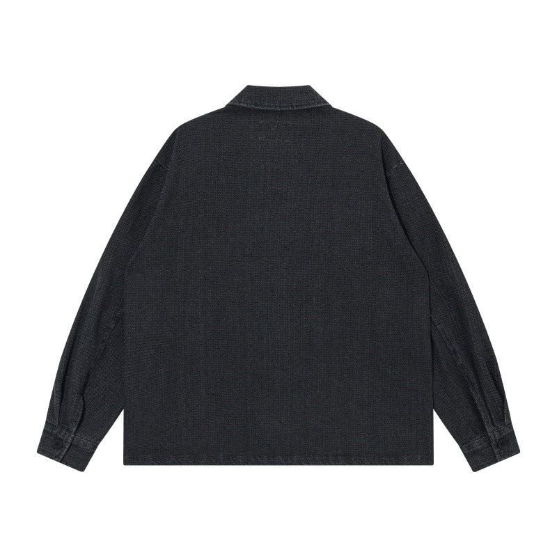 Herren Kurz geschnittene Denim-Chorejacke im Boxy-Blousonstil mit chinesischer Knebelknopfleiste Drune