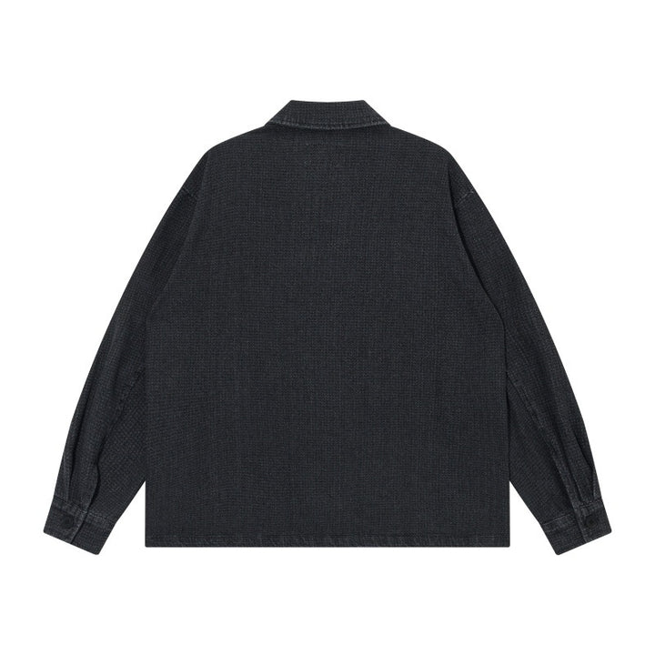Herren Kurz geschnittene Denim-Chorejacke im Boxy-Blousonstil mit chinesischer Knebelknopfleiste Drune